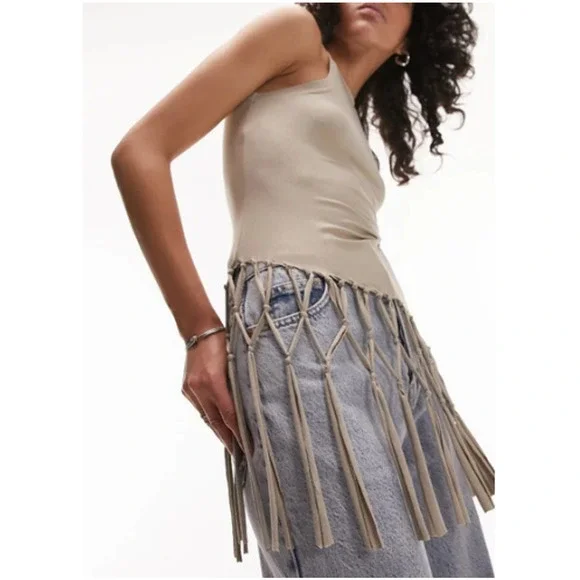 New TOPSHOP NORDSTROM Women's Stone Macrame Style Tank Top Size 8-10 - Picture 3 of 9